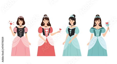 Beautiful princesses in elegant gowns holding wands and flowers for a magical occasion.