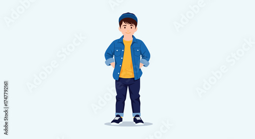 A young boy wearing a denim jacket and cap stands with hands on his hips.