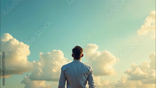 Wallpaper Mural A man in a white shirt stands outdoors, gazing up at a yellow airplane flying overhead against a blue sky with fluffy clouds. The scene conveys travel and adventure. Torontodigital.ca