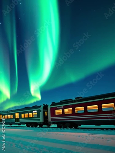Wallpaper Mural A train travels through a snowy landscape under the vibrant northern lights. The sky is illuminated with green and blue hues, creating a magical atmosphere. Torontodigital.ca