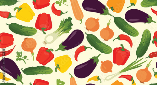A vibrant and colorful collection of fresh garden vegetables displayed in a seamless pattern.