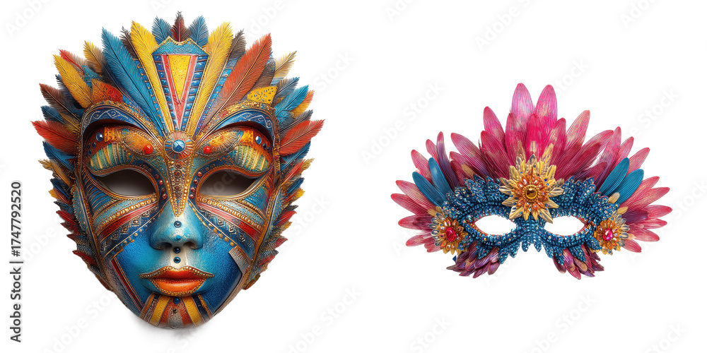 Naklejka premium Highly detailed colorful masquerade masks adorned with exotic feathers and rich ornamentation