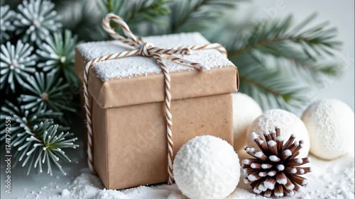 Wallpaper Mural A wrapped gift box with a twine bow sits on a snowy surface. Nearby are white snowballs and a pine cone, surrounded by evergreen branches. Torontodigital.ca