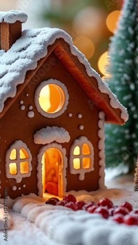 Wallpaper Mural A decorated gingerbread house with icing and candy, surrounded by miniature evergreen trees. Soft bokeh lights create a warm, festive atmosphere. Torontodigital.ca