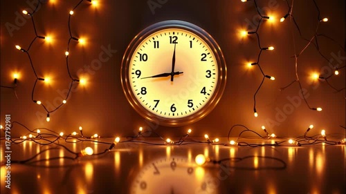 Wallpaper Mural A round wall clock with a yellow face shows the time at 10:10. Surrounding it are warm, glowing fairy lights against a dark background. Torontodigital.ca