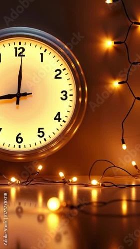 Wallpaper Mural A round wall clock with a glowing yellow face and black hands. Surrounding the clock are warm white fairy lights, creating a cozy atmosphere. Torontodigital.ca