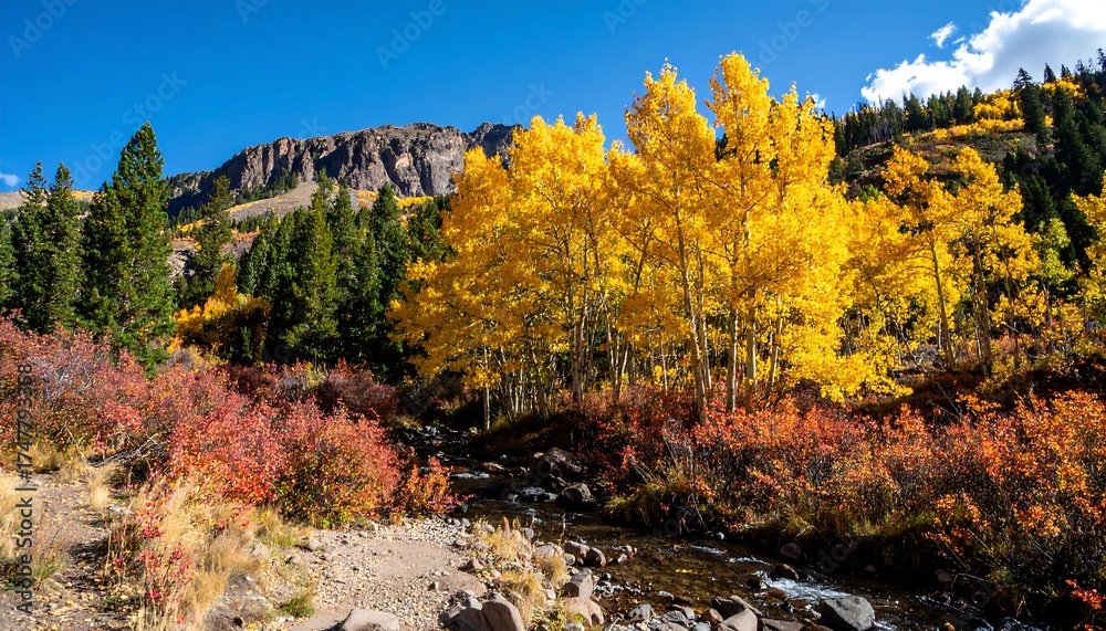 Fototapeta premium Vivid autumn landscape with golden trees and flowing stream