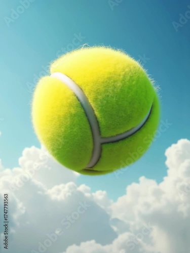 Wallpaper Mural A bright yellow tennis ball floats against a clear blue sky with fluffy white clouds. The ball is fuzzy and round, showcasing its distinctive green and black stripe. Torontodigital.ca