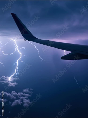 Wallpaper Mural Airplane wing in stormy sky with lightning bolts and dark clouds during flight. Torontodigital.ca