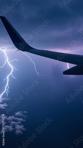 Wallpaper Mural An airplane wing above clouds during a thunderstorm. Lightning strikes illuminate the dark sky, creating a dramatic scene of nature's power. Torontodigital.ca