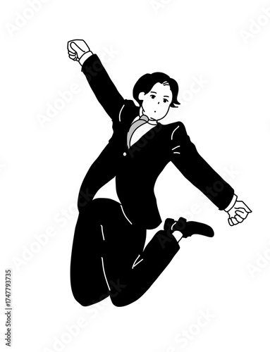 Hand drawn monochrome line art illustration of a businessman jumping