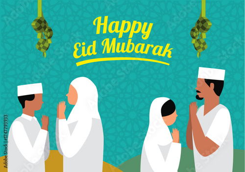 Eid Mubarak. Family gathering for Eid Mubarak celebration. Vector Illustration