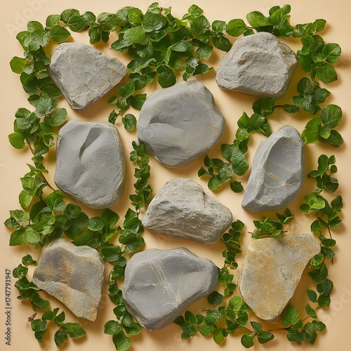 Grey Stones and Green Vines Flatlay Nature Background