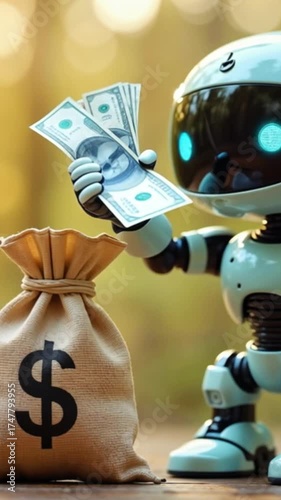 Wallpaper Mural A small blue robot with glowing eyes stands next to a money bag filled with cash. The background is softly blurred, suggesting a natural setting. Torontodigital.ca