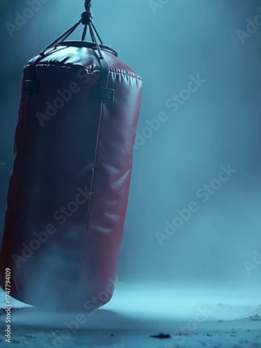 Wallpaper Mural A heavy black punching bag hangs in a dimly lit space. The background features a misty atmosphere, enhancing the focus on the bag. Ideal for fitness and boxing themes. Torontodigital.ca