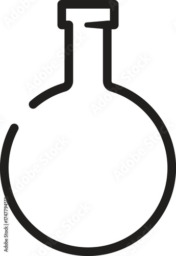 Minimalist vector icon of a lab flask with a round base and narrow neck. A clean, simple symbol representing scientific R&D, chemical processes, education, and innovation