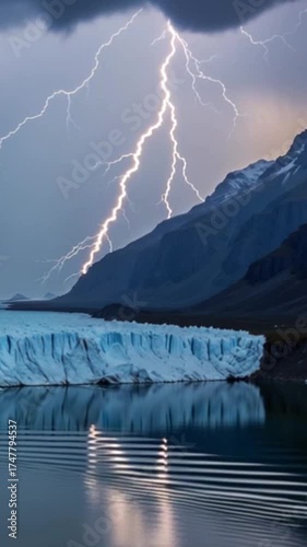 Wallpaper Mural A dramatic scene of a glacier in a lake under a stormy sky. Lightning strikes illuminate the dark clouds and reflect on the water's surface. Torontodigital.ca