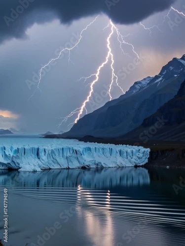 Wallpaper Mural A dramatic scene of a glacier in a lake under a stormy sky. Lightning strikes illuminate the dark clouds and mountains in the background. Torontodigital.ca