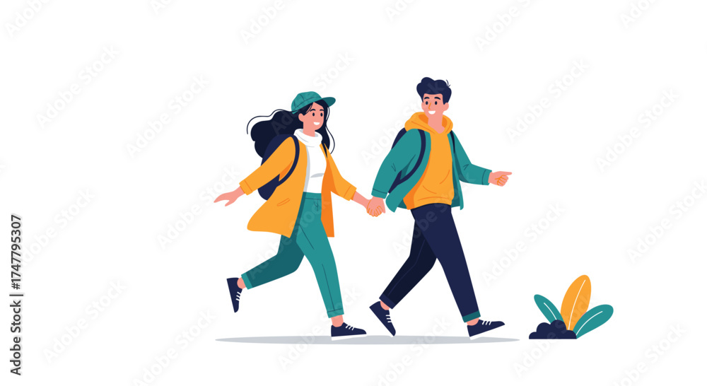 Fototapeta premium A couple walking outdoors holding hands with backpacks on.