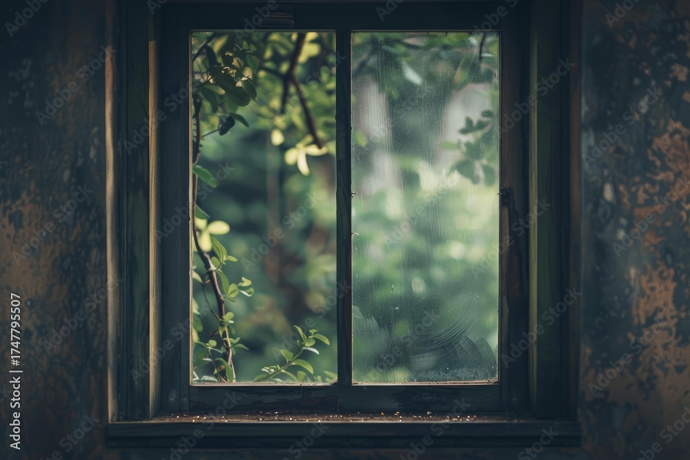 Fototapeta premium Green foliage growing over an old dusty window in an abandoned house