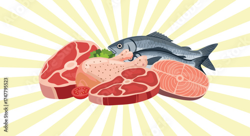 A variety of fresh meats and fish ready for cooking and eating.