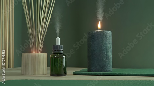 Relaxing spa concept with essential oil, candles and reed diffuser on green background