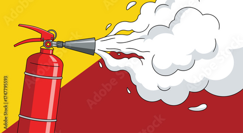 Red fire extinguisher spraying white foam to put out a fire on a red and yellow background.