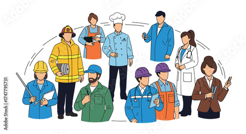 A diverse group of people from various professions are connected in a network