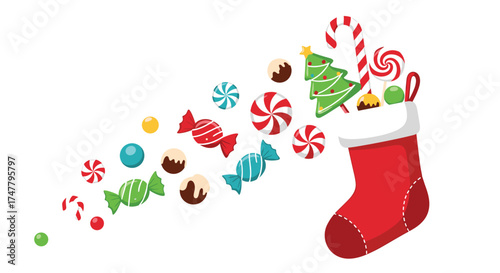 Christmas stocking overflowing with a colorful assortment of festive candies and treats.