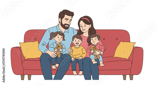 A loving family of five sits together on a cozy red couch.