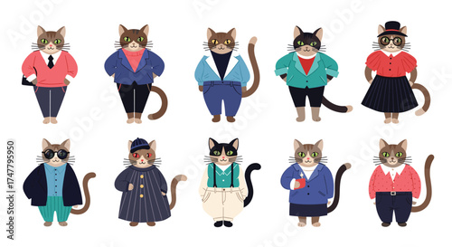 A charming collection of anthropomorphic cats dressed in stylish retro fashion.