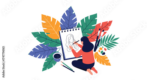 Young woman sitting and drawing on a notepad surrounded by colorful leaves and art supplies.