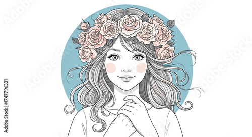 Beautiful young woman with long wavy hair wearing a flower crown and soft pink blush on her cheeks.