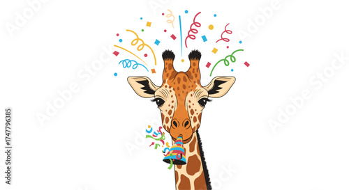 A happy giraffe celebrates a special birthday with confetti and cake.