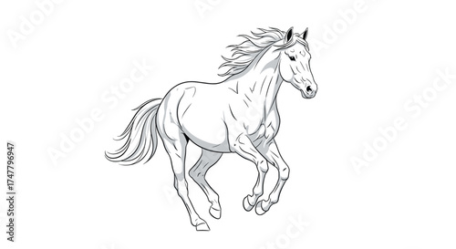 A majestic white horse galloping with its mane flowing in the wind.