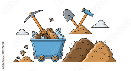 Illustration of mining cart filled with gems and tools for excavation.