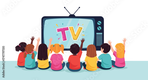 Young children enthusiastically watching educational television programs together.