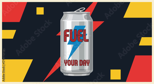 A vibrant and dynamic graphic illustration of a beverage can with a powerful lightning bolt, symbolizing an energy boost to fuel your day