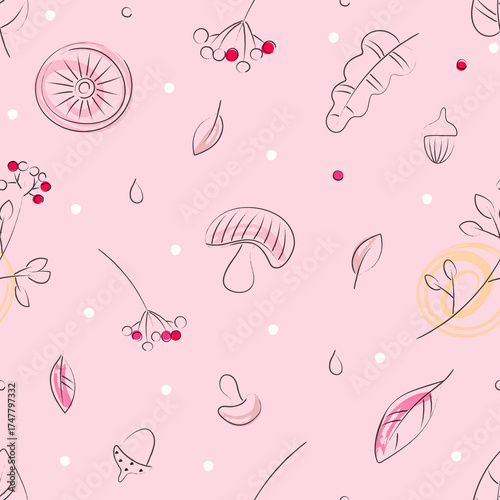 Autumn background. Autumn seamless pattern with leaves and berries.