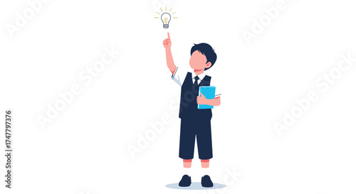 A young boy in a dark suit and tie holds a blue book and has a brilliant idea.