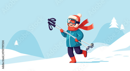 A happy child in warm winter clothes skiing down a snowy slope with ski poles.