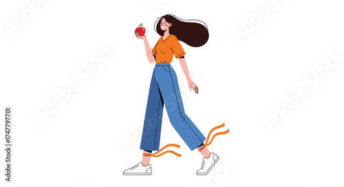 A woman with long dark hair wearing a colorful orange shirt and blue jeans is walking while holding a red apple in her hand.