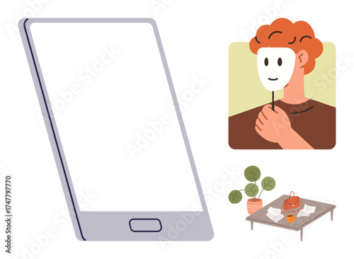 Large smartphone beside person holding a face mask, symbolizing hidden identity. Workspace with papers, plant, and bag. Ideal for technology, privacy, identity, role-playing professionalism