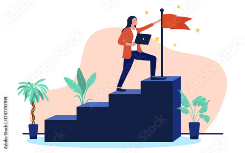 A determined business woman with a laptop reaches the top of a set of stairs and plants a flag, symbolising success and career achievement in a flat design vector illustration