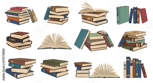 A collection of pixel art illustrations depicting stacks of vintage books and open books.