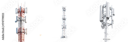 Three distinct telecommunication towers isolated on a white background for mobile network technology