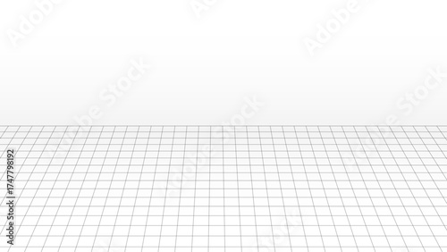 Minimalist background with black grid lines on a white floor creating 3D perspective space