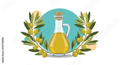 Aromatic olive oil presented in a glass bottle surrounded by green olive branches on a light blue background.