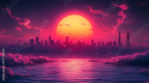 Vibrant Synthwave Sunset Over a Futuristic Metropolis.