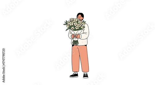 A person holding a pot of white flowers as a gift.